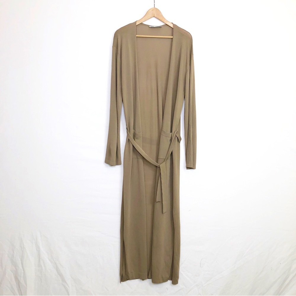 Zara Long Open Front Cardigan Duster in Olive Brown